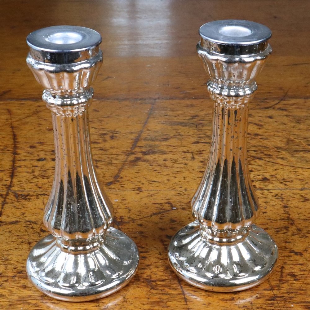 Pair of Silver Mercury Glass Candle Sticks Holders